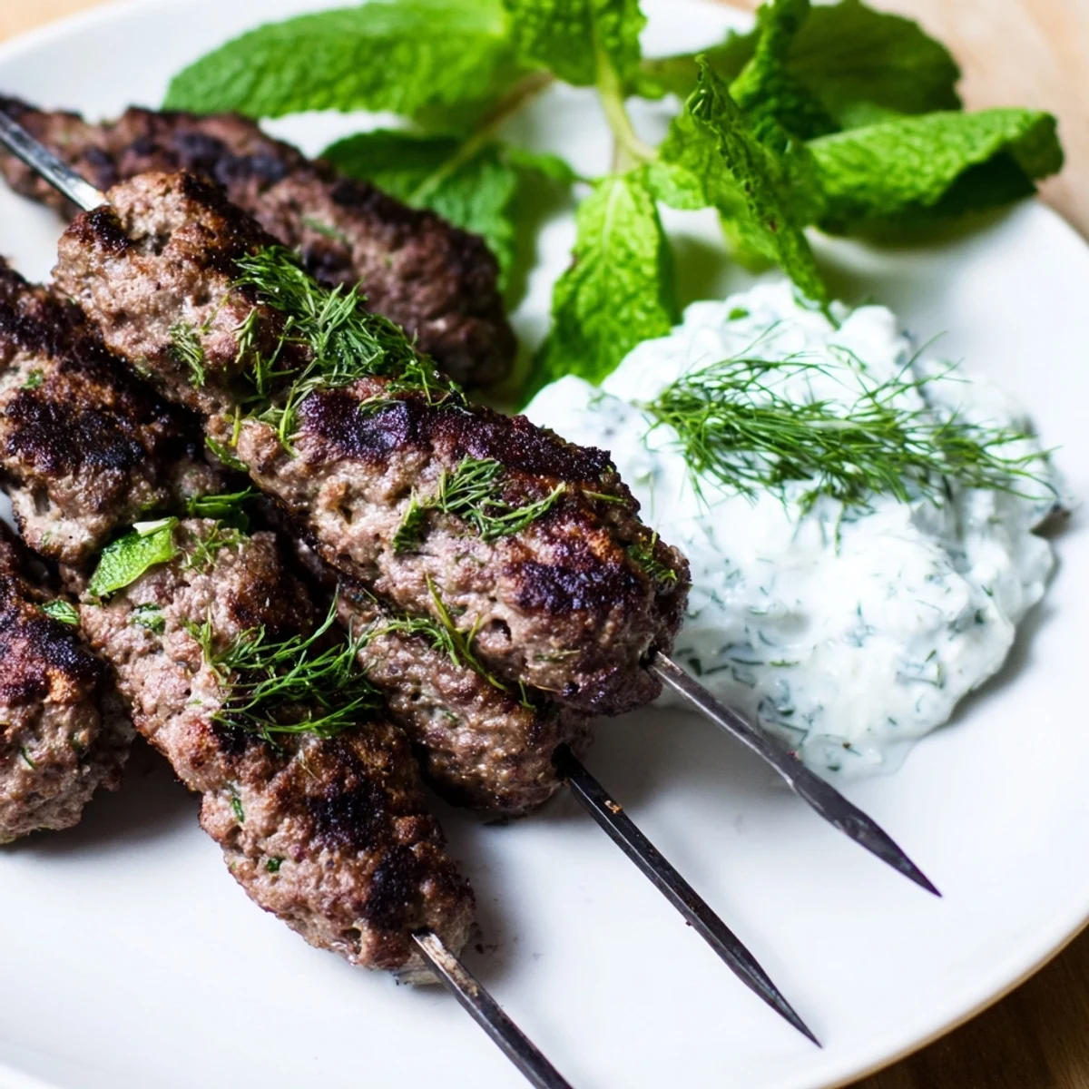 Grilled Beef Kofta Kebabs sizzling with herbs and spices on a grill, paired with creamy cucumber mint yogurt sauce for dipping.