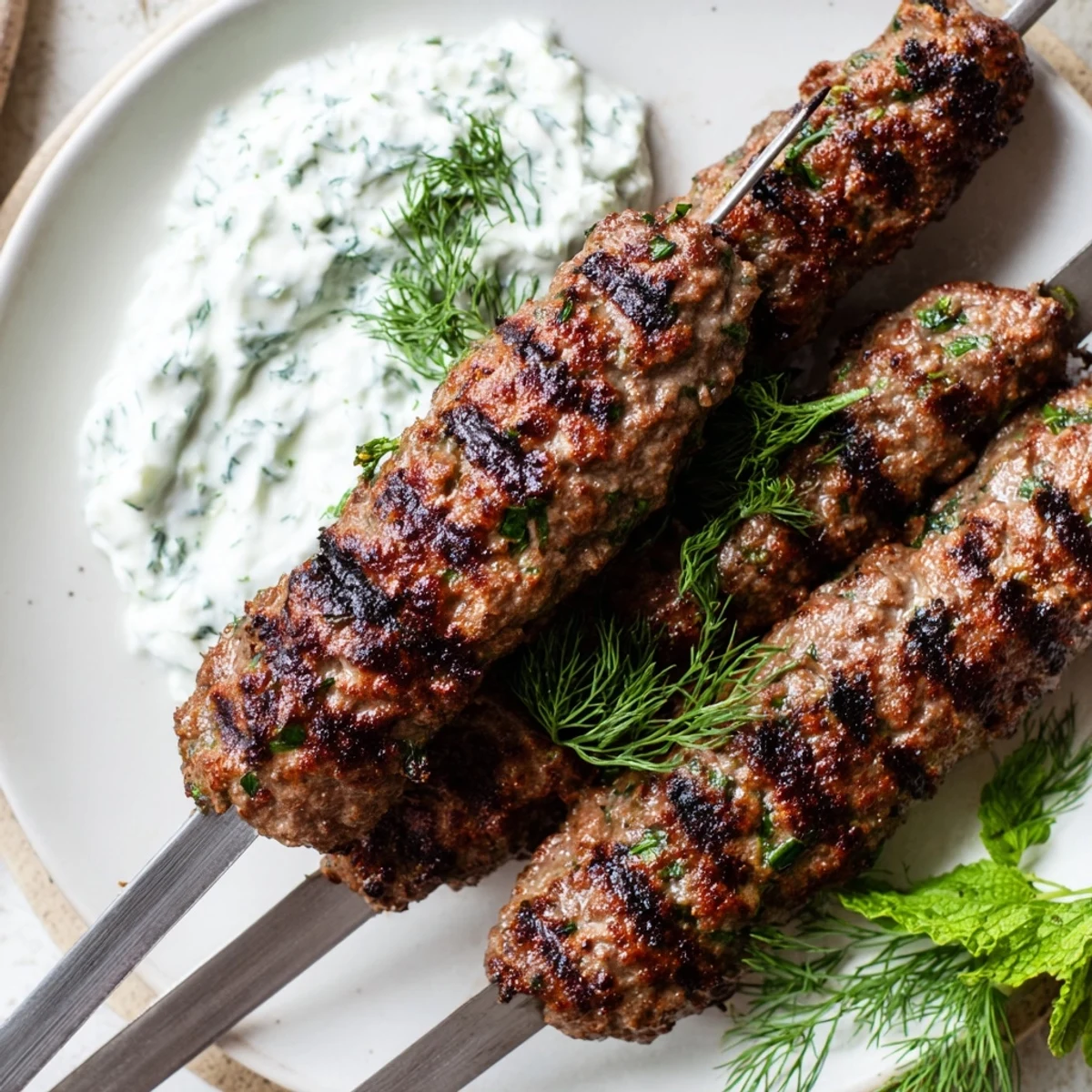 Juicy Beef Kofta Kebabs on skewers with a drizzle of cucumber mint yogurt sauce, perfect for a gluten-free weeknight dinner.