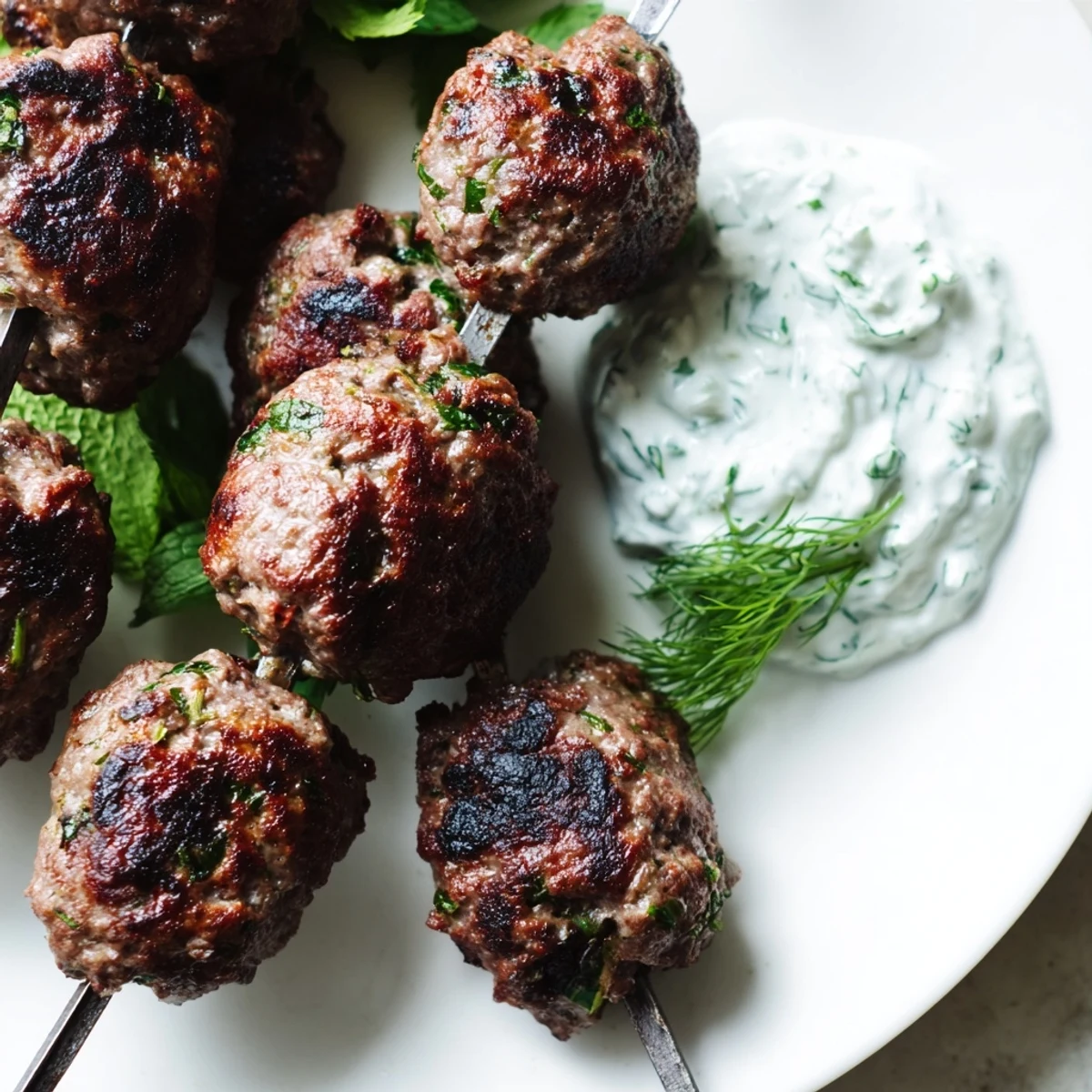 Golden Beef Kofta Kebabs on a platter with lemon wedges and fresh herbs, served alongside a cool bowl of cucumber yogurt sauce.