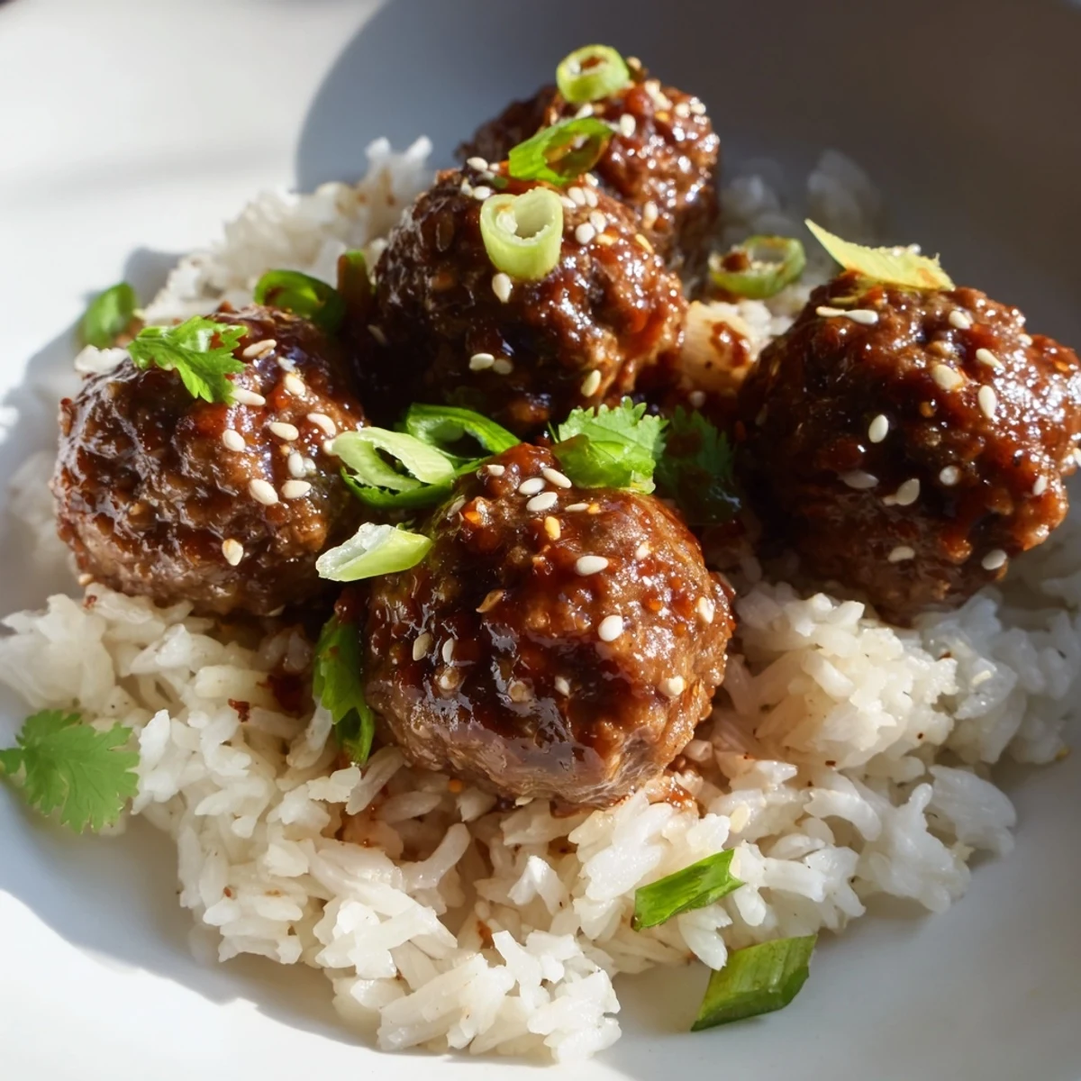 Golden-brown Spicy Sriracha Beef Meatballs glisten with red glaze next to fluffy white steamed rice on a white plate.