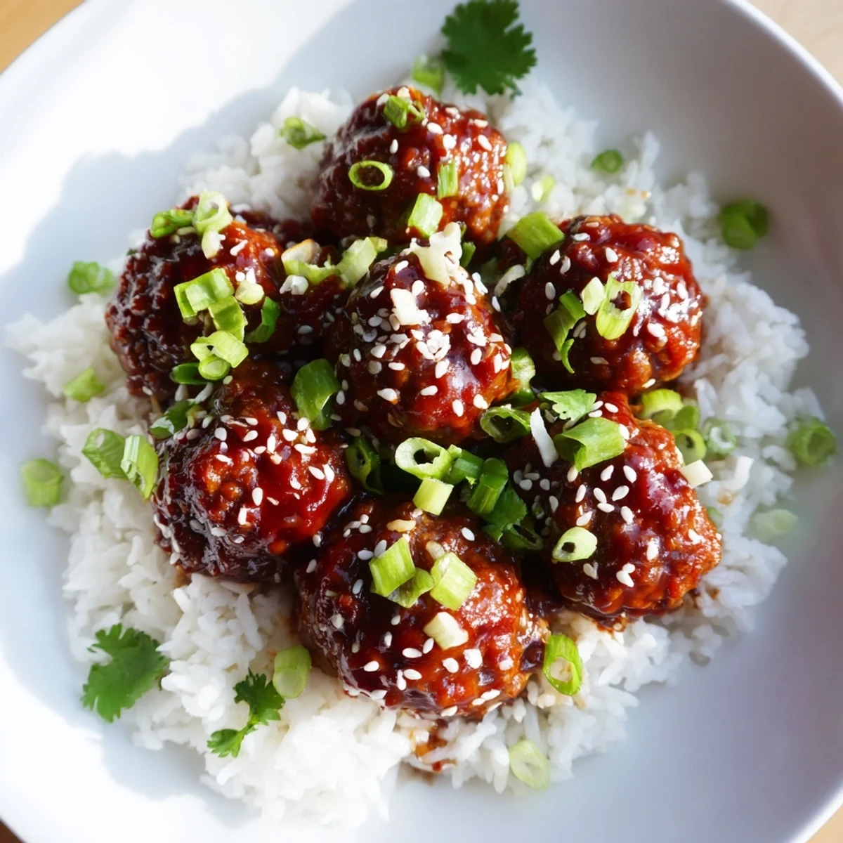Freshly baked Spicy Sriracha Beef Meatballs are piled high on steamed rice, topped with green onions and sesame seeds.