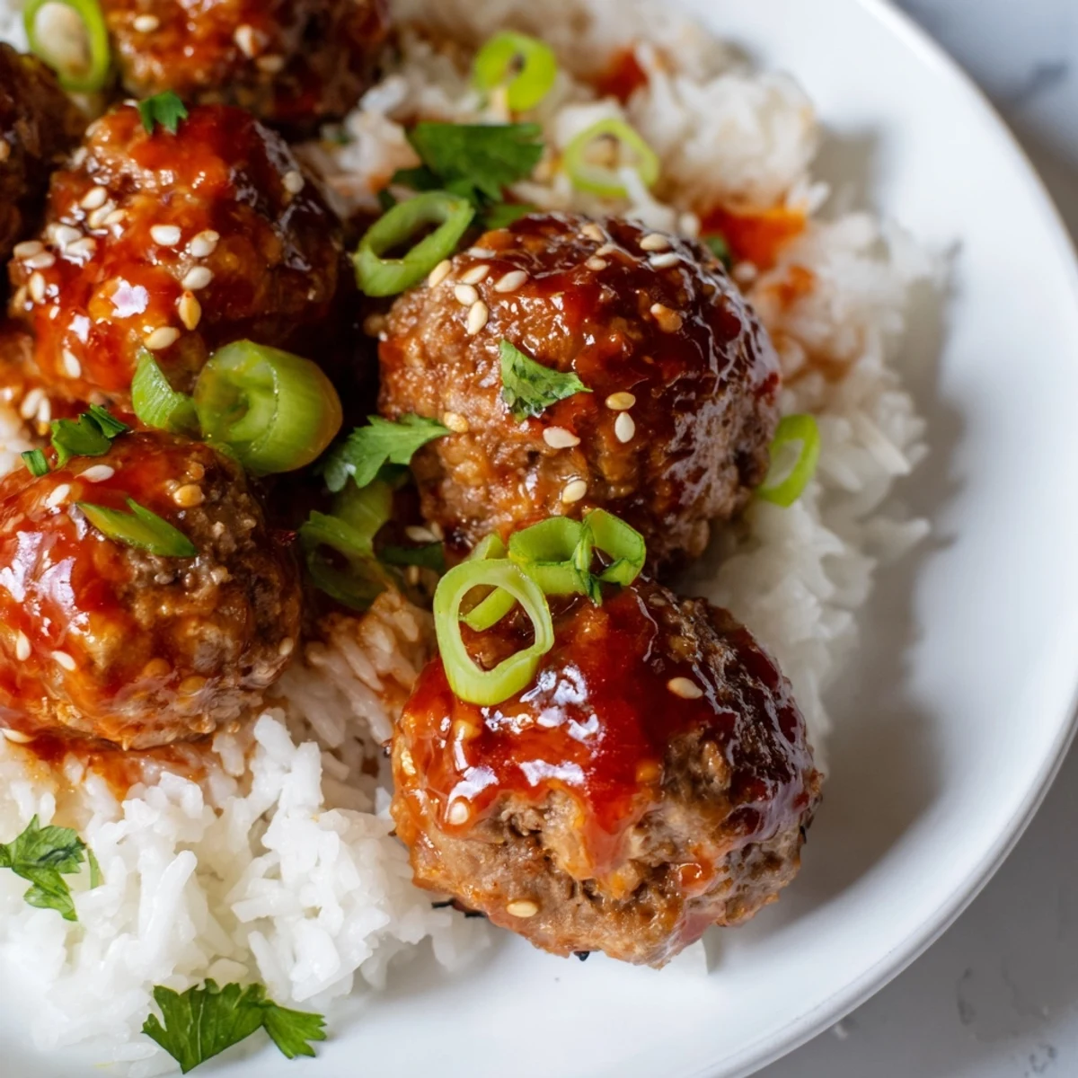Close-up of glazed Spicy Sriracha Beef Meatballs and steamed rice, showing juicy texture and a bold, spicy finish.