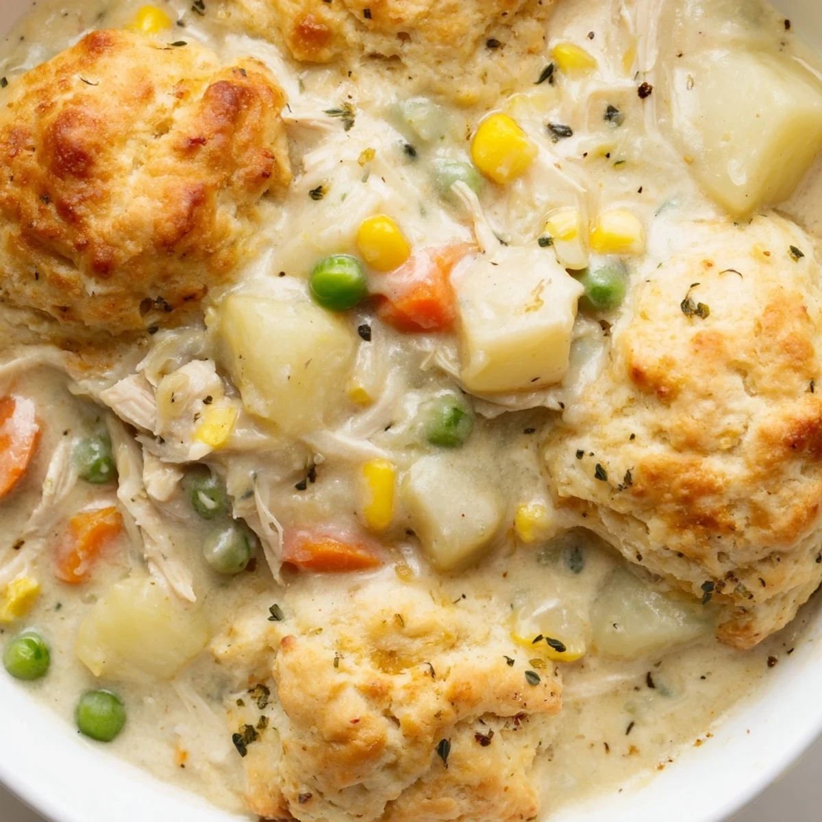 Golden brown buttermilk biscuits bake atop creamy Chicken Pot Pie Soup with peas, corn, and tender shredded chicken.