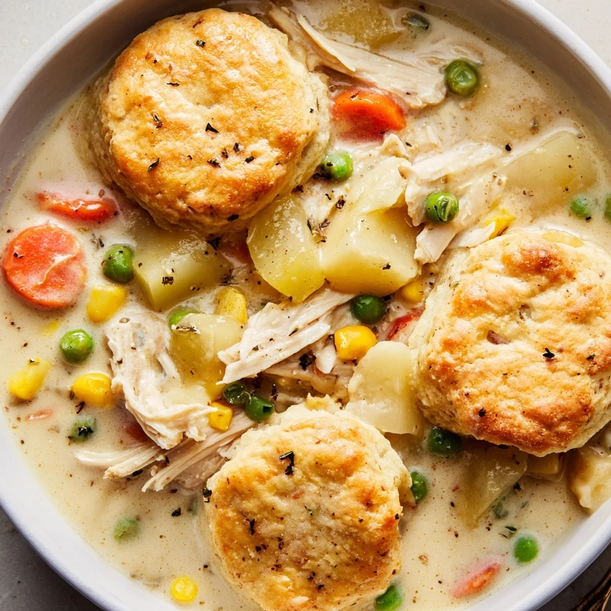 Spoonfuls of biscuit dough bake into fluffy tops for this cozy Chicken Pot Pie Soup, served in a white bowl.