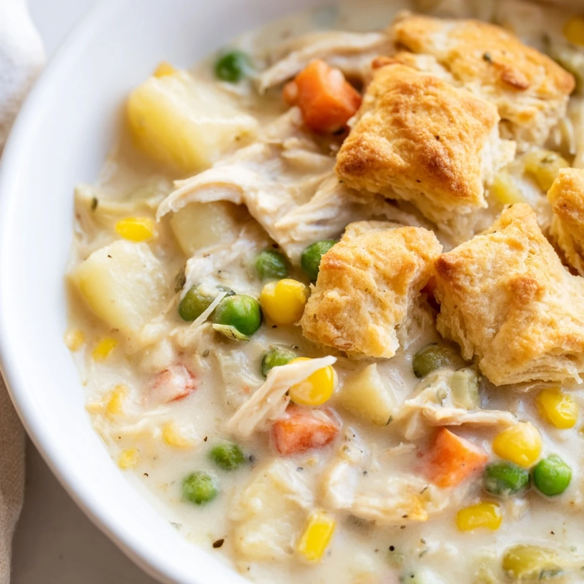 Fresh thyme and black pepper season the rich Chicken Pot Pie Soup, bubbling with vegetables under golden buttermilk biscuits.