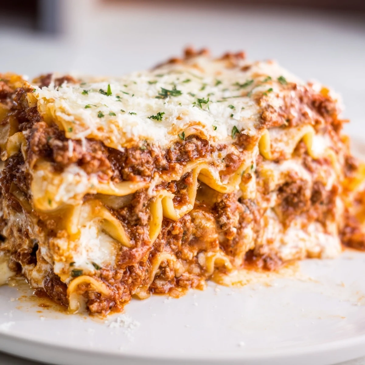 Golden, bubbly mozzarella tops layers of Classic Beef Lasagna, rich meat sauce, and creamy ricotta on a rustic table.