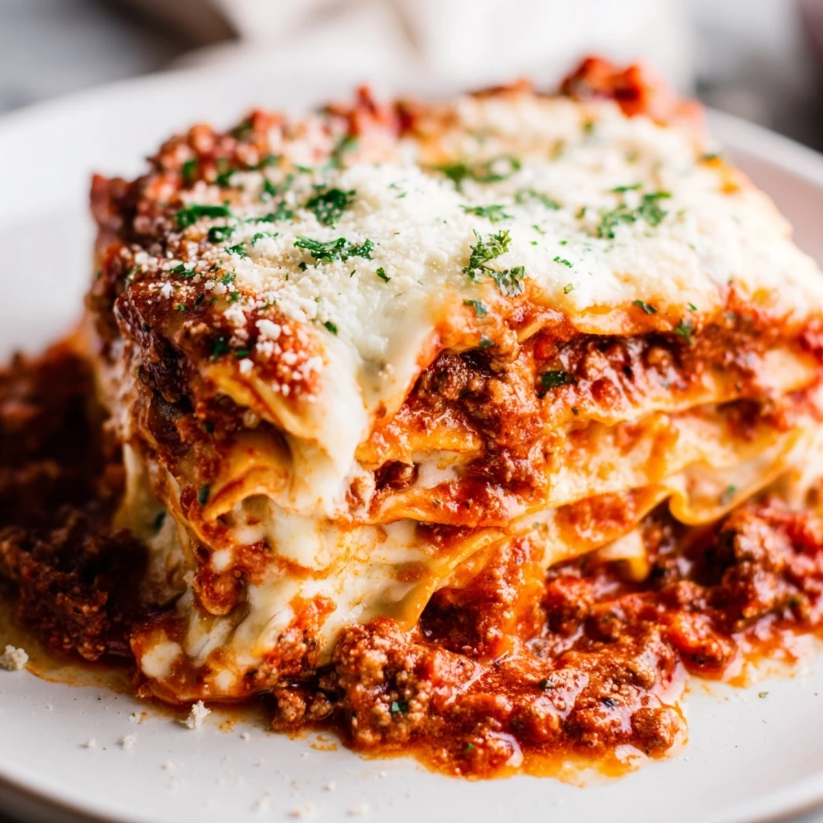 Steam rises from a slice of Classic Beef Lasagna revealing tender noodles, hearty meat sauce, and melted cheese.