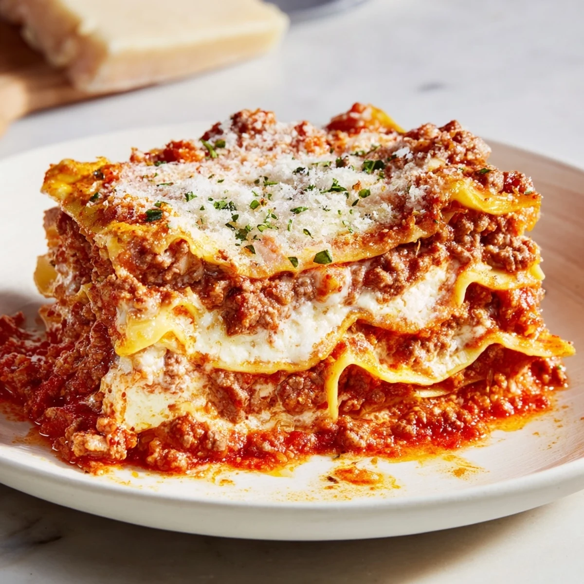 Served with fresh basil and salad, Classic Beef Lasagna sits in a baking dish with a golden crust.