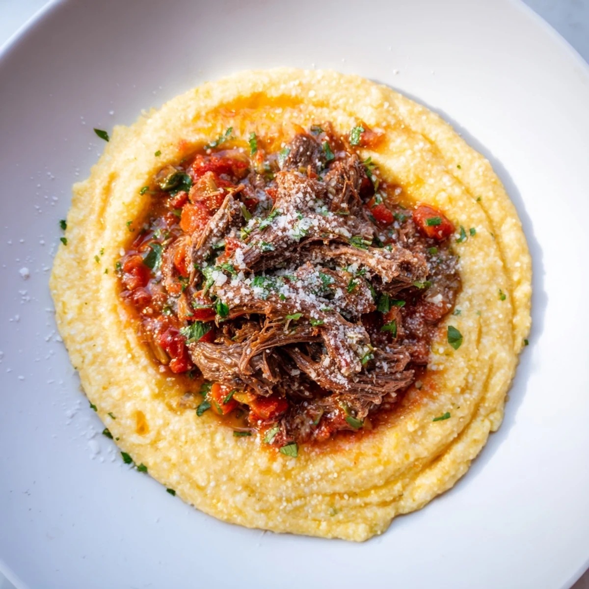 Close-up of Creamy Polenta with Braised Beef Ragu in a rustic bowl, topped with fresh parsley and extra cheese.
