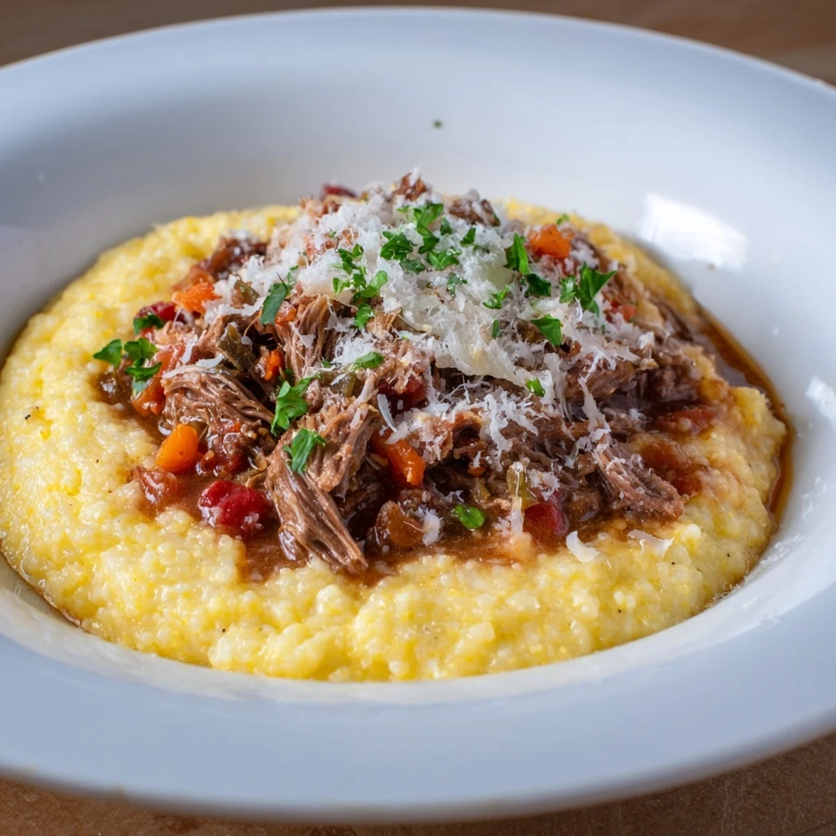 Steaming bowl of Creamy Polenta with Braised Beef Ragu featuring tender shredded beef on velvety polenta.