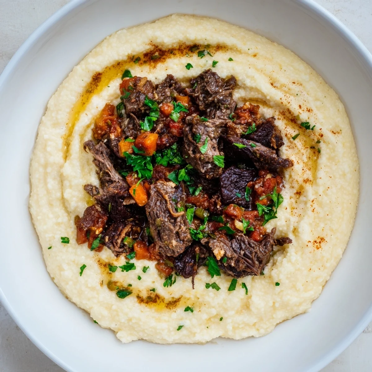 Rich and creamy Creamy Polenta with Braised Beef Ragu served family-style for a cozy Italian dinner.