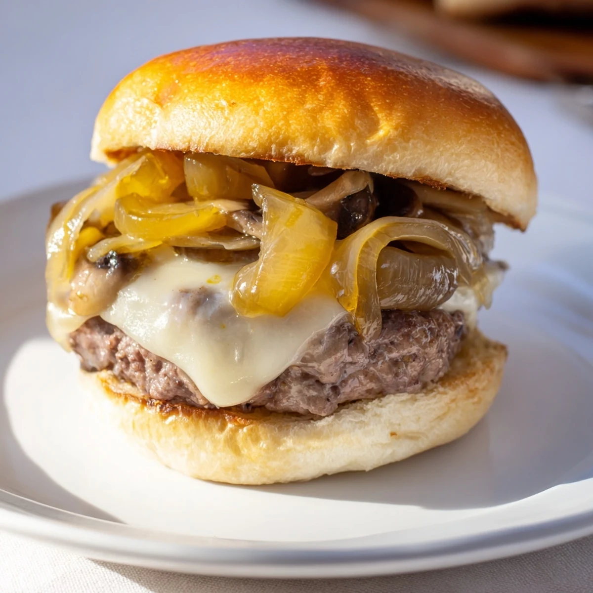A close-up of a Mushroom and Swiss Burger with caramelized onions on a toasted brioche bun, showing melted Swiss cheese oozing over the patty.