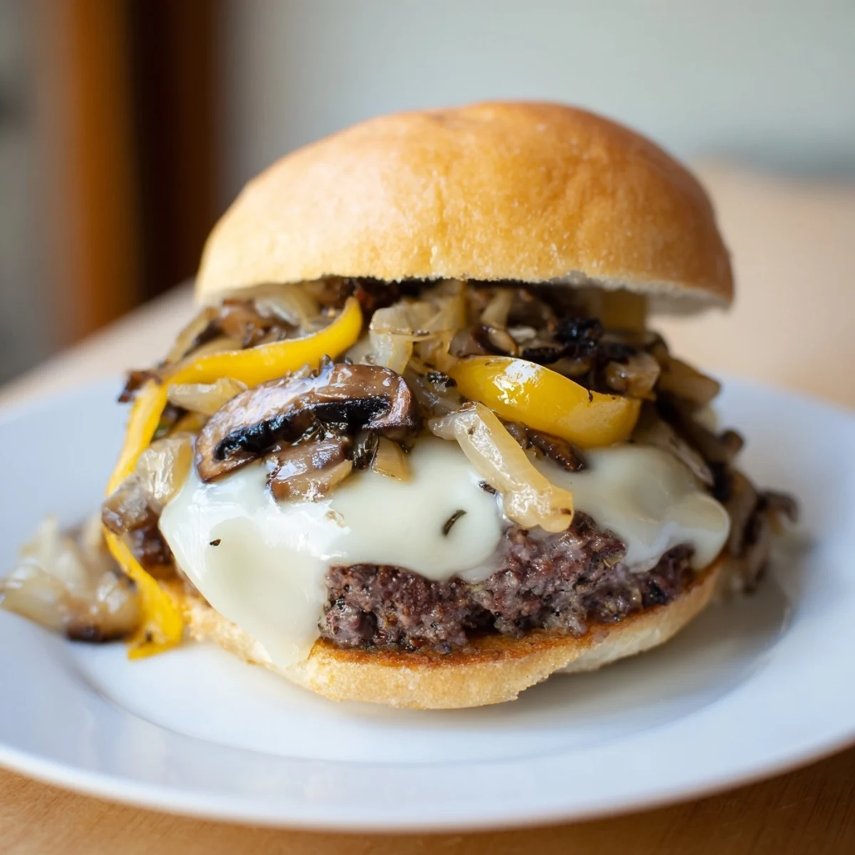 Golden-brown sautéed mushrooms and sweet caramelized onions top this gourmet Mushroom and Swiss Burger, served on a plate with lettuce and tomato.
