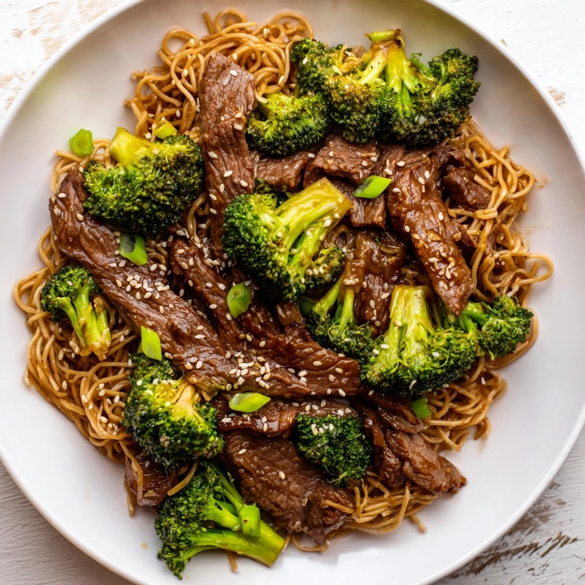 Hearty Beef and Broccoli Lo Mein tossed in a rich sauce with crunchy sesame seeds and fresh scallions on a white plate.