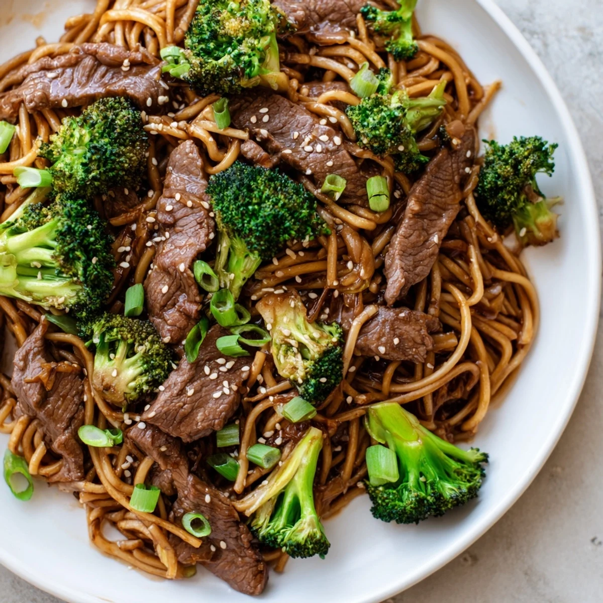 Stir-fried Beef and Broccoli Lo Mein with glossy noodles and vibrant vegetables, served as a comforting main dish for family dinner.