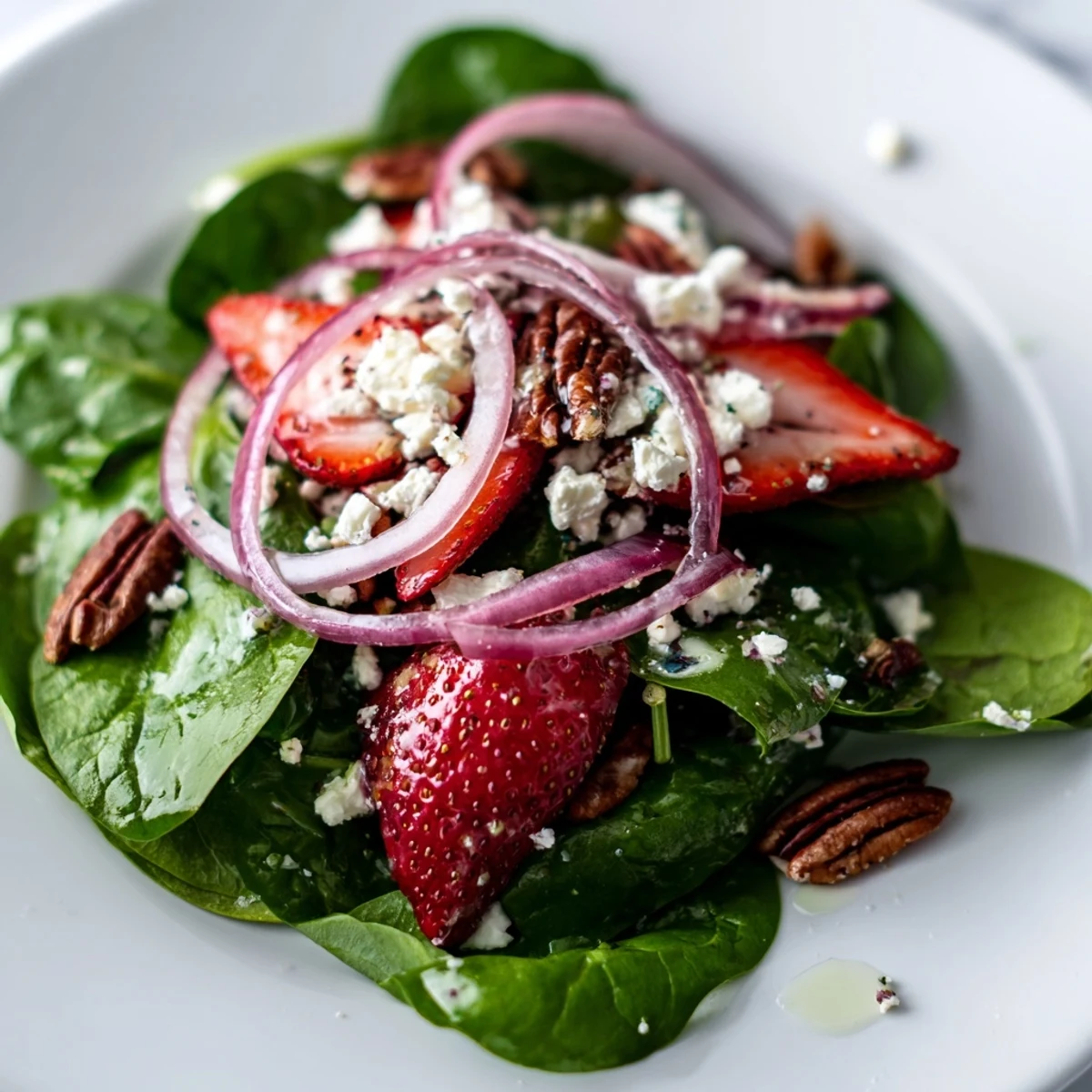 Fresh baby spinach and juicy sliced strawberries in Strawberry Spinach Salad with Poppy Seed Vinaigrette, topped with crumbled feta and toasted almonds.