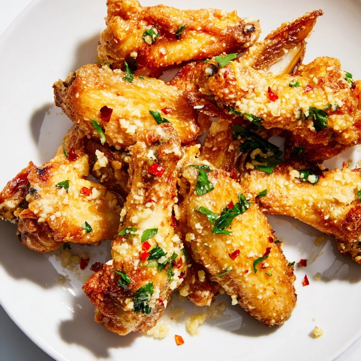 Heaping platter of Air Fryer Garlic Parmesan Chicken Wings with Ranch, served with a creamy dipping sauce. 