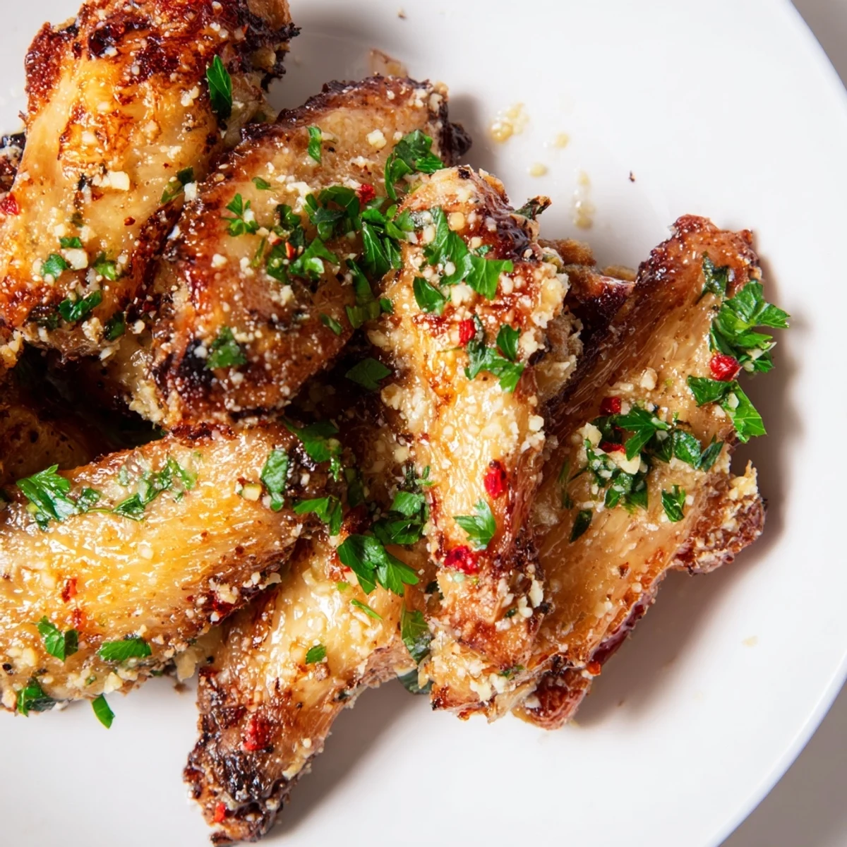 Golden brown Air Fryer Garlic Parmesan Chicken Wings with Ranch, crispy and tossed in a savory, buttery sauce. 