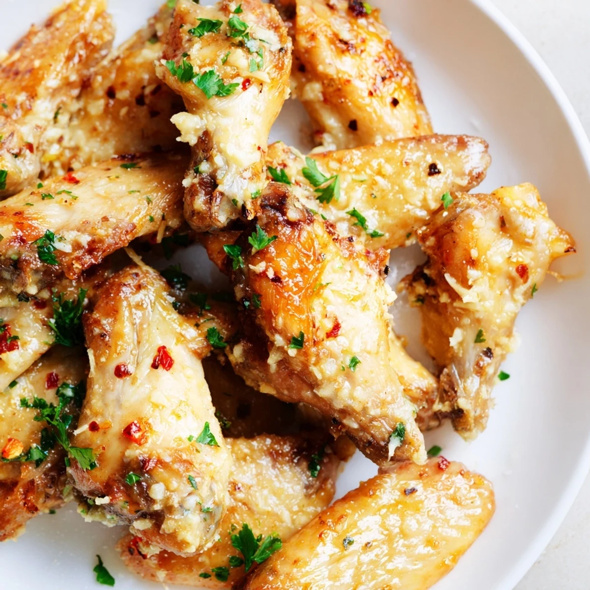 Freshly prepared Air Fryer Garlic Parmesan Chicken Wings with Ranch, sprinkled with herbs and ready for a party.