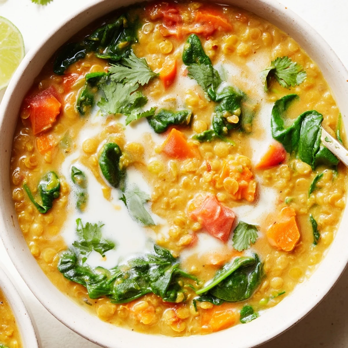Creamy Coconut Curry Lentil Soup with Baby Spinach in a rustic bowl with steam rising.