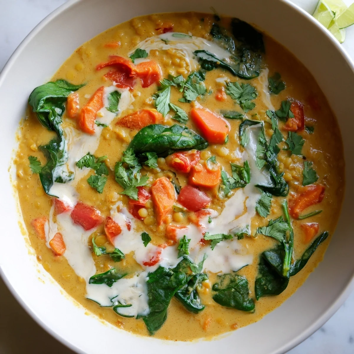 Coconut Curry Lentil Soup with Baby Spinach garnished with cilantro and lime wedges.