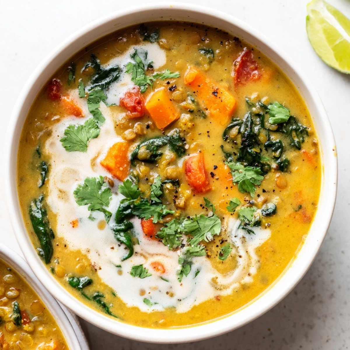 Warm Coconut Curry Lentil Soup with Baby Spinach served with basmati rice and naan.