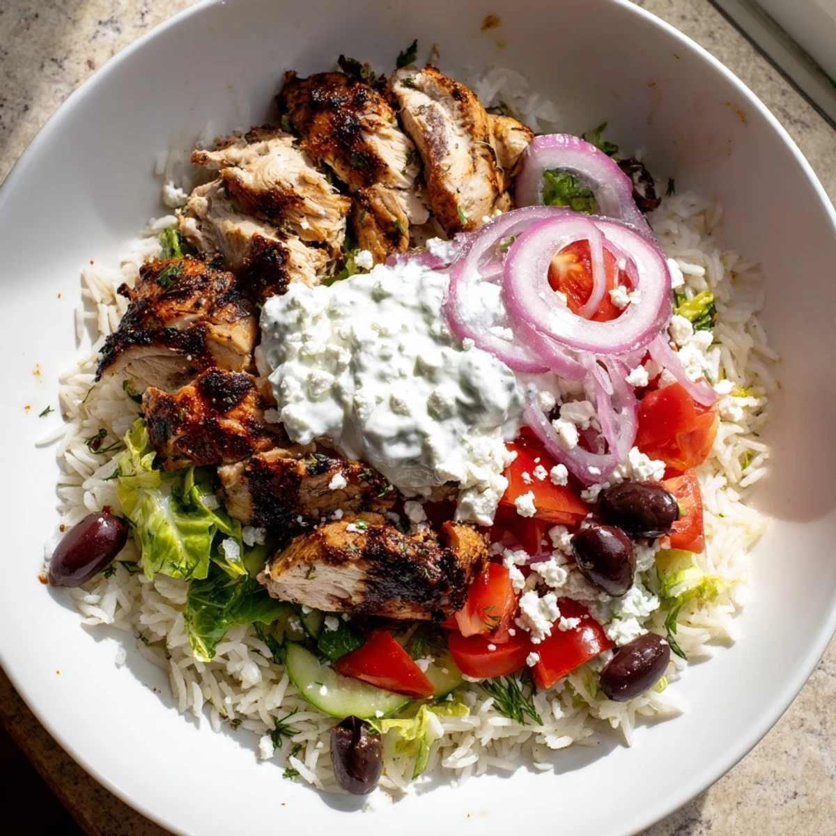A plated Greek Chicken Gyro Bowl with feta and olives, served alongside warm pita bread for a Mediterranean meal.