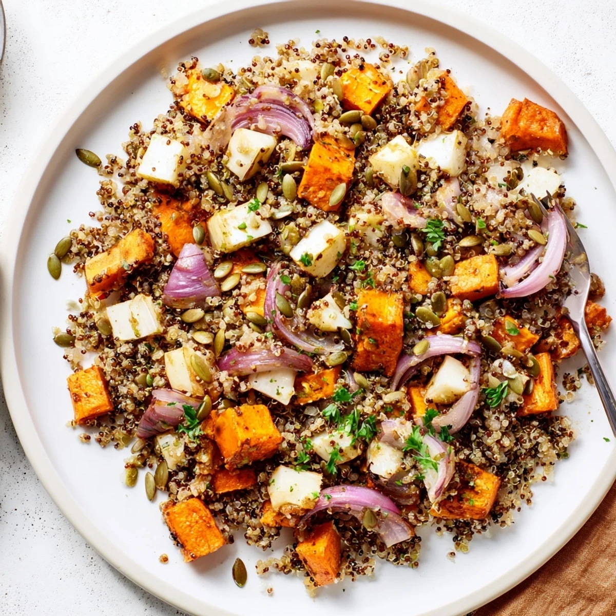 Freshly roasted root vegetables with carrots, parsnips, and sweet potato are tossed into a warm quinoa salad with crumbled feta for a cozy Mediterranean-inspired lunch.