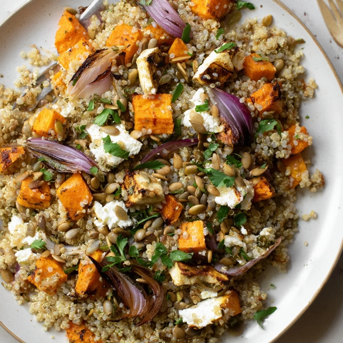 A hearty bowl of Warm Quinoa Salad with Roasted Root Vegetables and Feta, topped with toasted pumpkin seeds and fresh parsley, served warm for a wholesome meal.