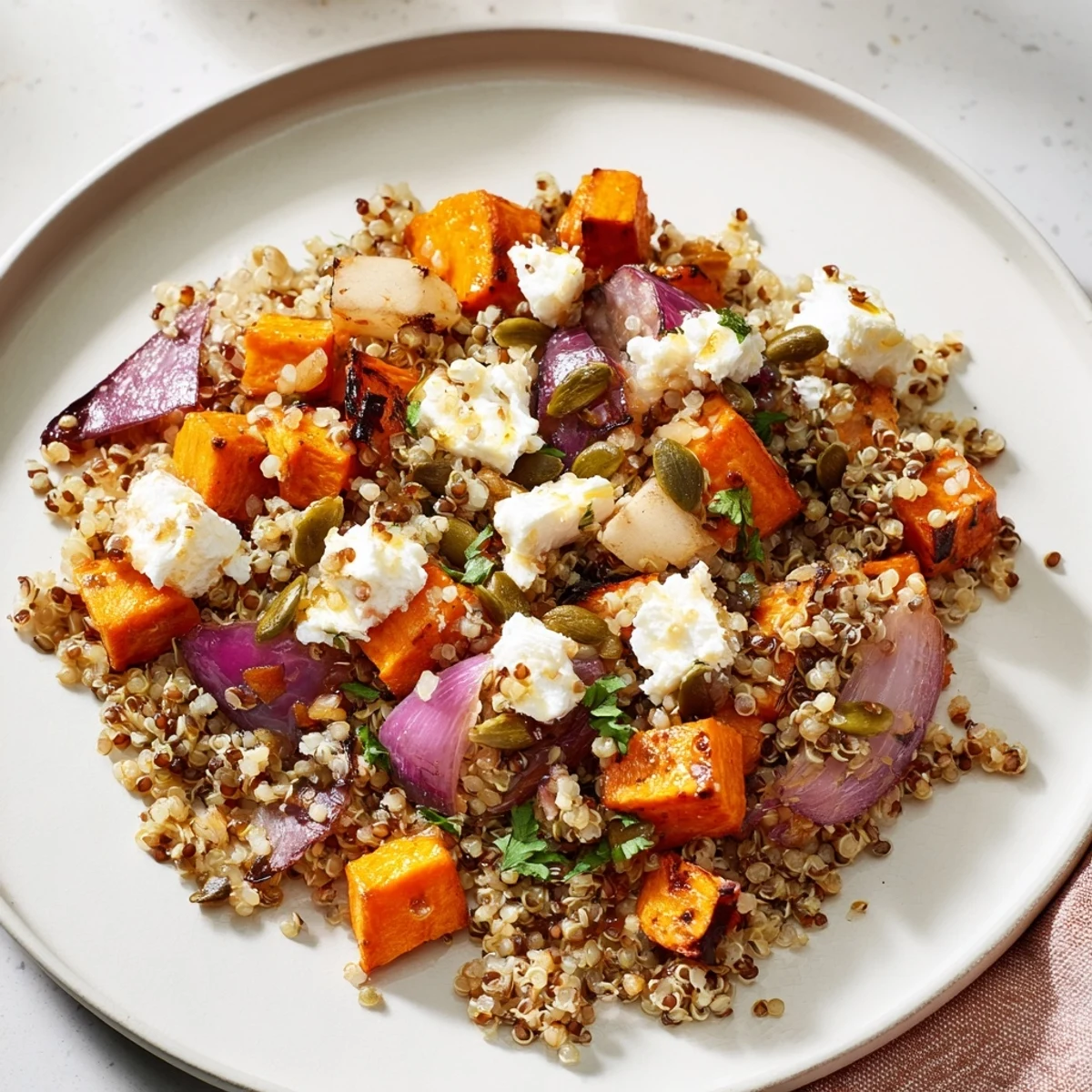 Overhead view of a vibrant Warm Quinoa Salad with Roasted Root Vegetables and Feta, showing caramelized veggies and tangy cheese over fluffy quinoa on a rustic table.