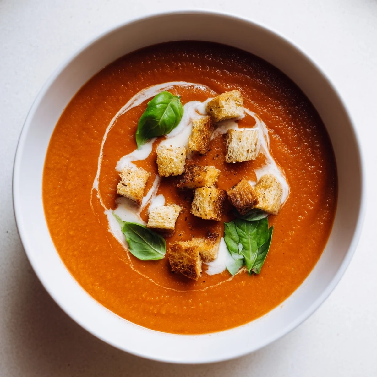 A bowl of Roasted Garlic and Tomato Basil Soup with Croutons, topped with golden croutons and a swirl of cream.