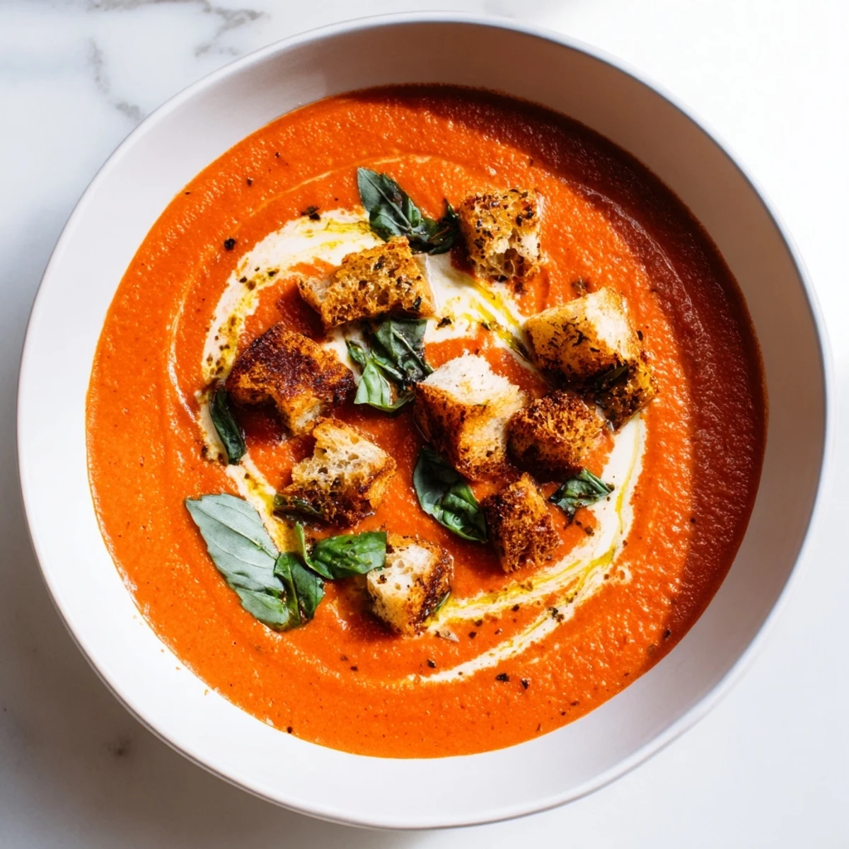 Roasted Garlic and Tomato Basil Soup with Croutons in a white ceramic bowl, garnished with fresh basil on a wooden table.