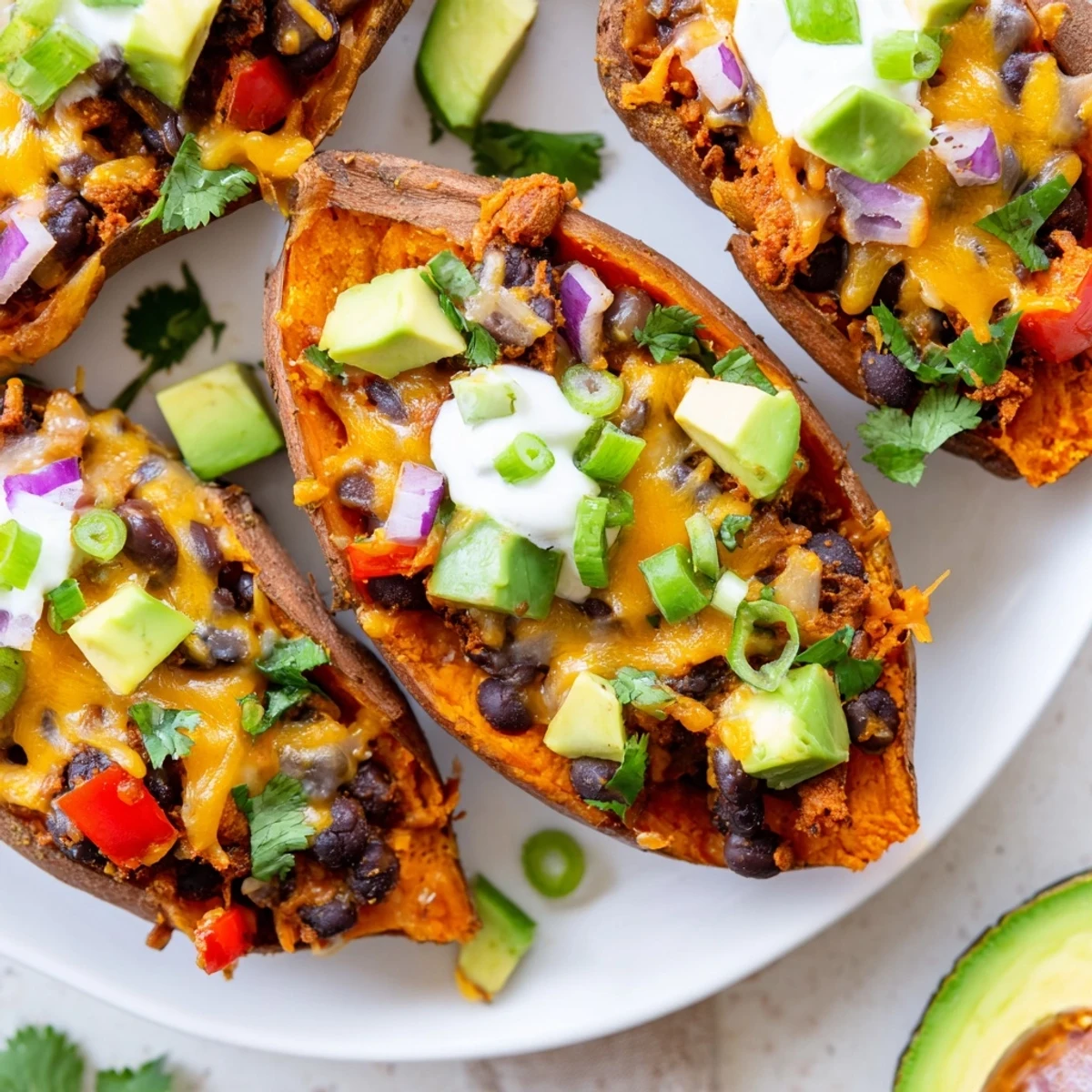 Golden-brown loaded sweet potato skins with black beans and melted cheese, topped with fresh cilantro.