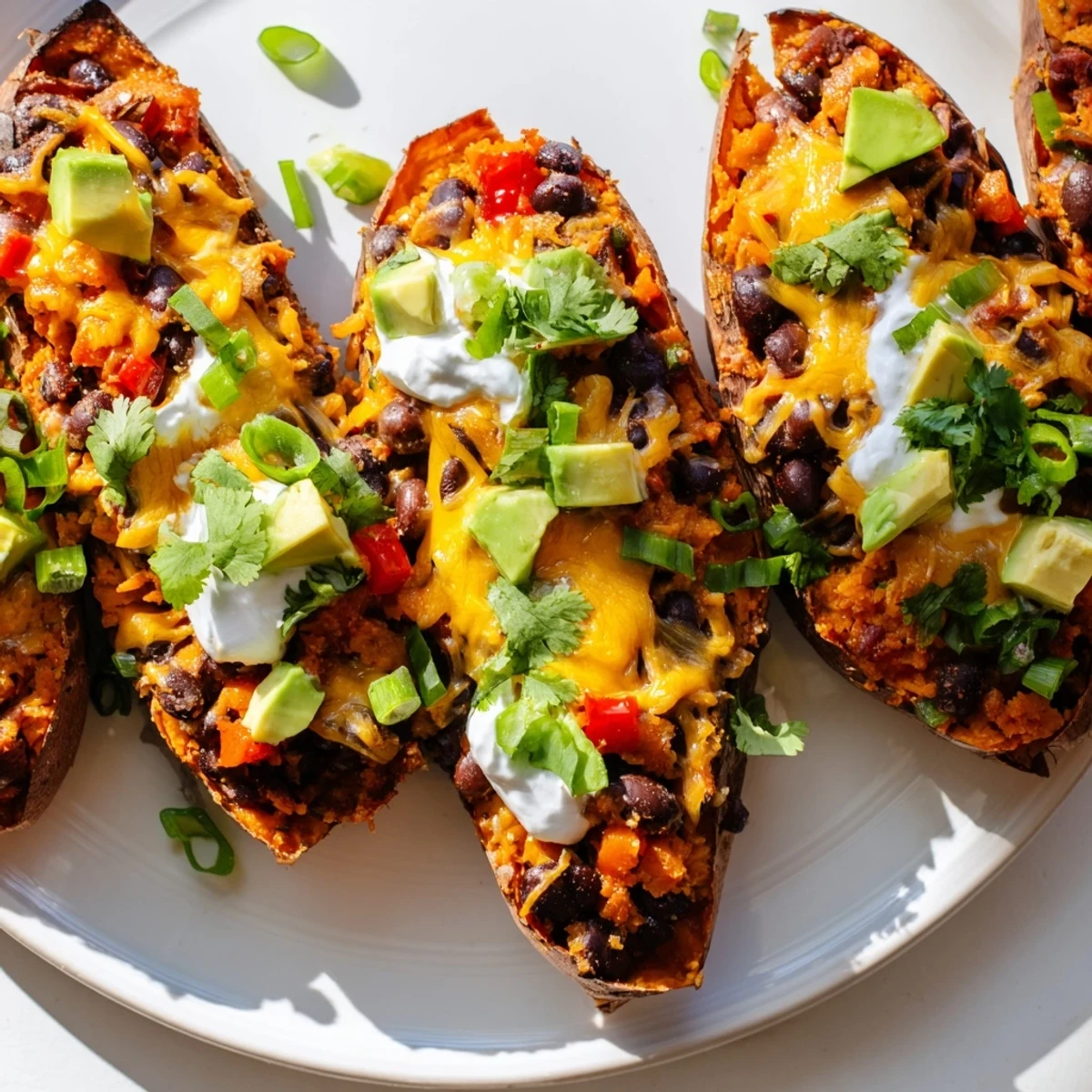 Melted cheddar and Monterey Jack cheese bubbling over seasoned black beans in crispy sweet potato skins.