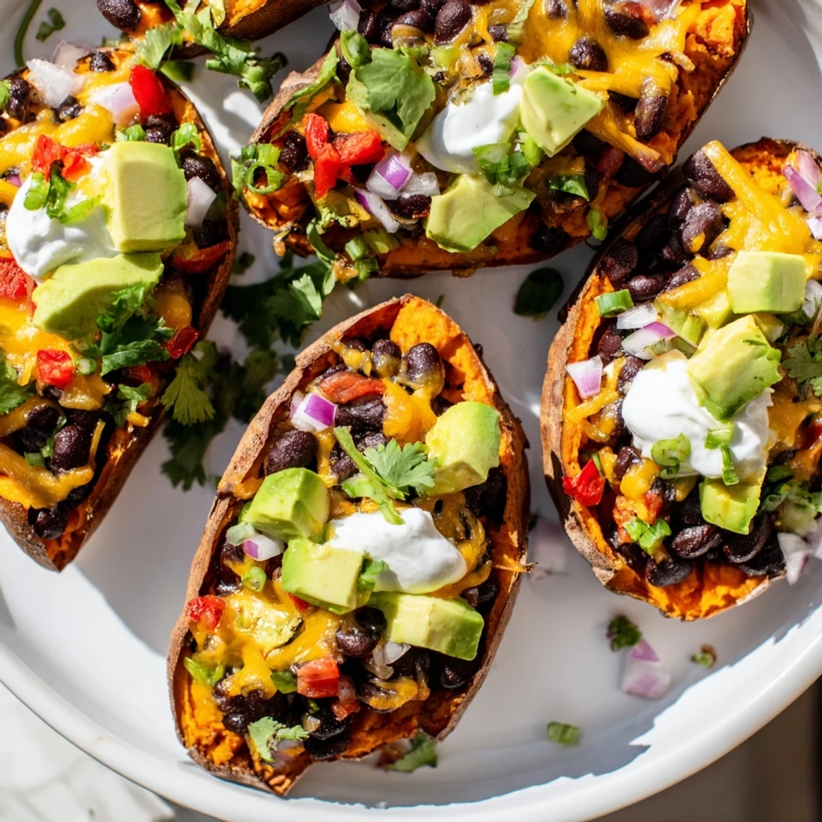 Two halves of a loaded sweet potato skin with sour cream, avocado, and green onions.
