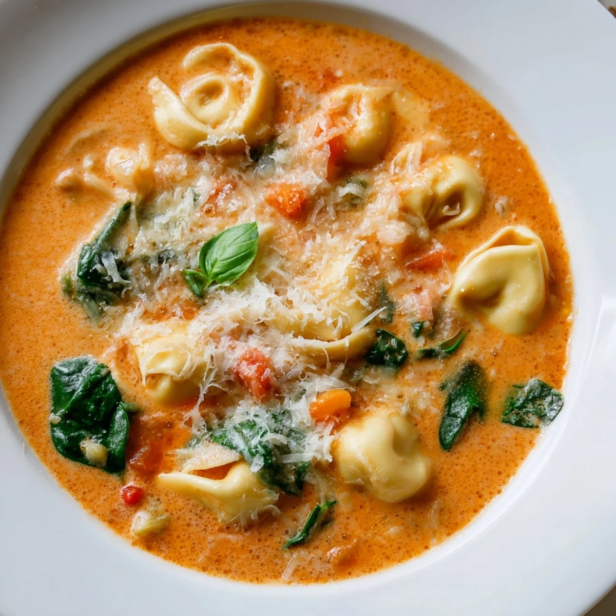 Steaming One Pot Creamy Tomato Tortellini Soup with Spinach in a rustic bowl, garnished with fresh basil.