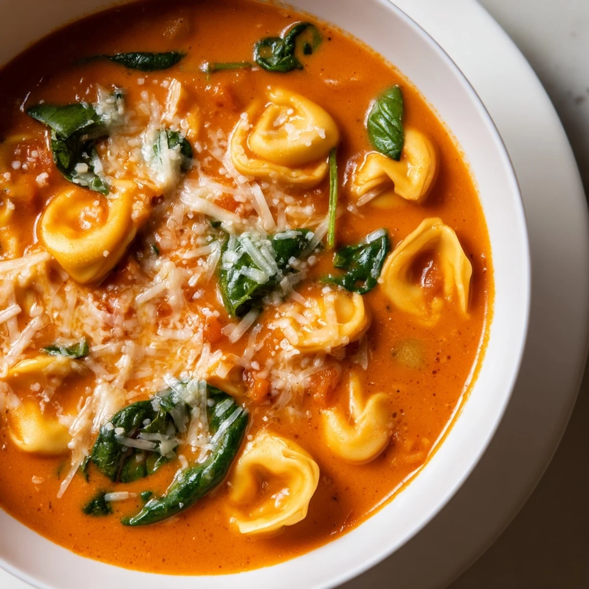 Creamy One Pot Creamy Tomato Tortellini Soup with Spinach showcases vibrant greens, ladled next to crusty bread.