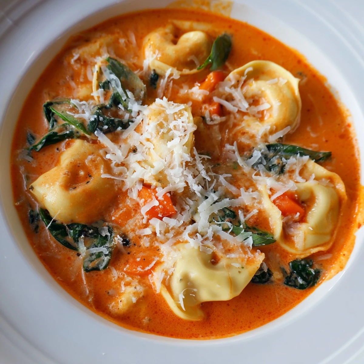 A spoon scoops into One Pot Creamy Tomato Tortellini Soup with Spinach, revealing cheesy tortellini in rich red broth.