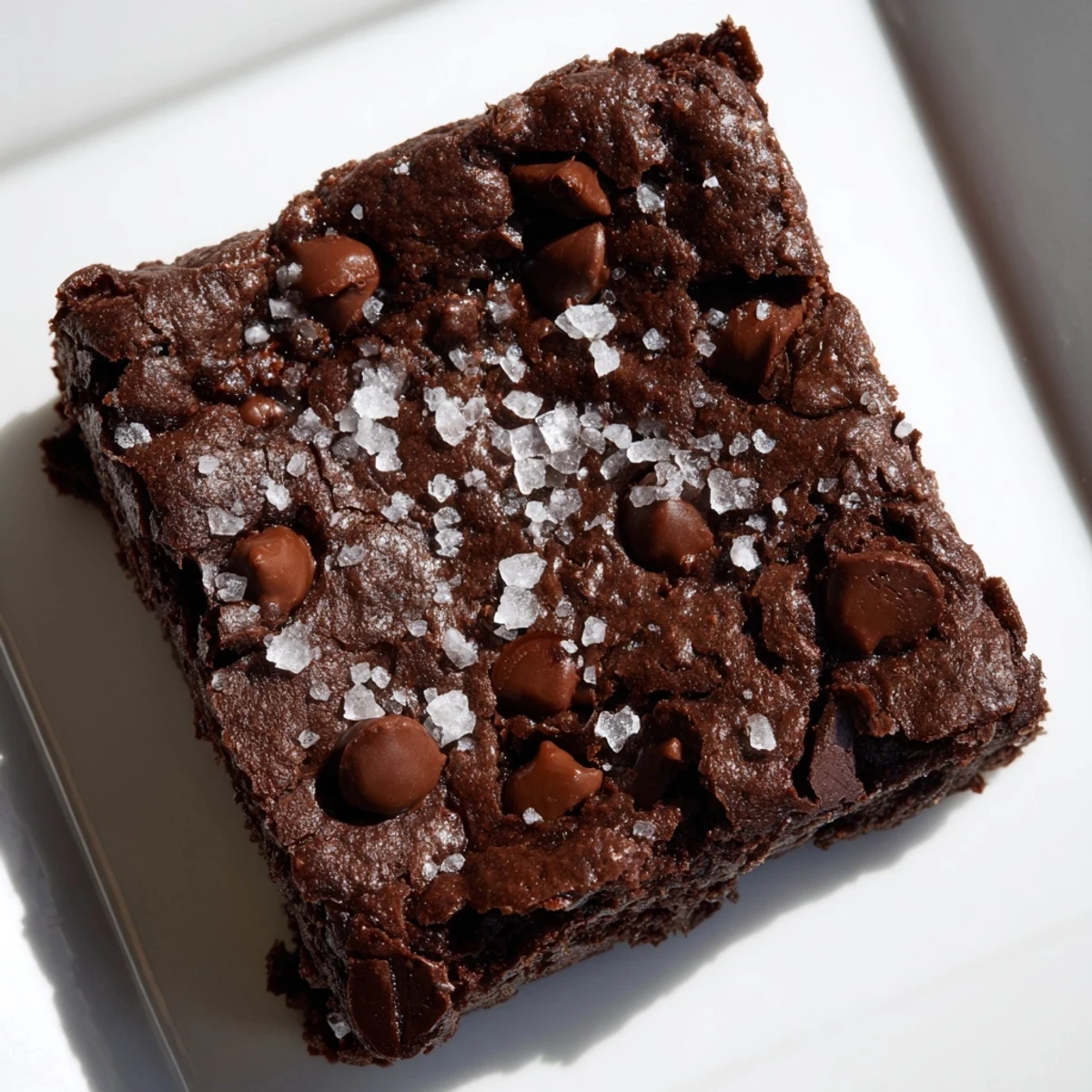 Freshly baked Gluten-Free Almond Flour Brownies with Sea Salt, showing a fudgy interior and melted chocolate chunks.