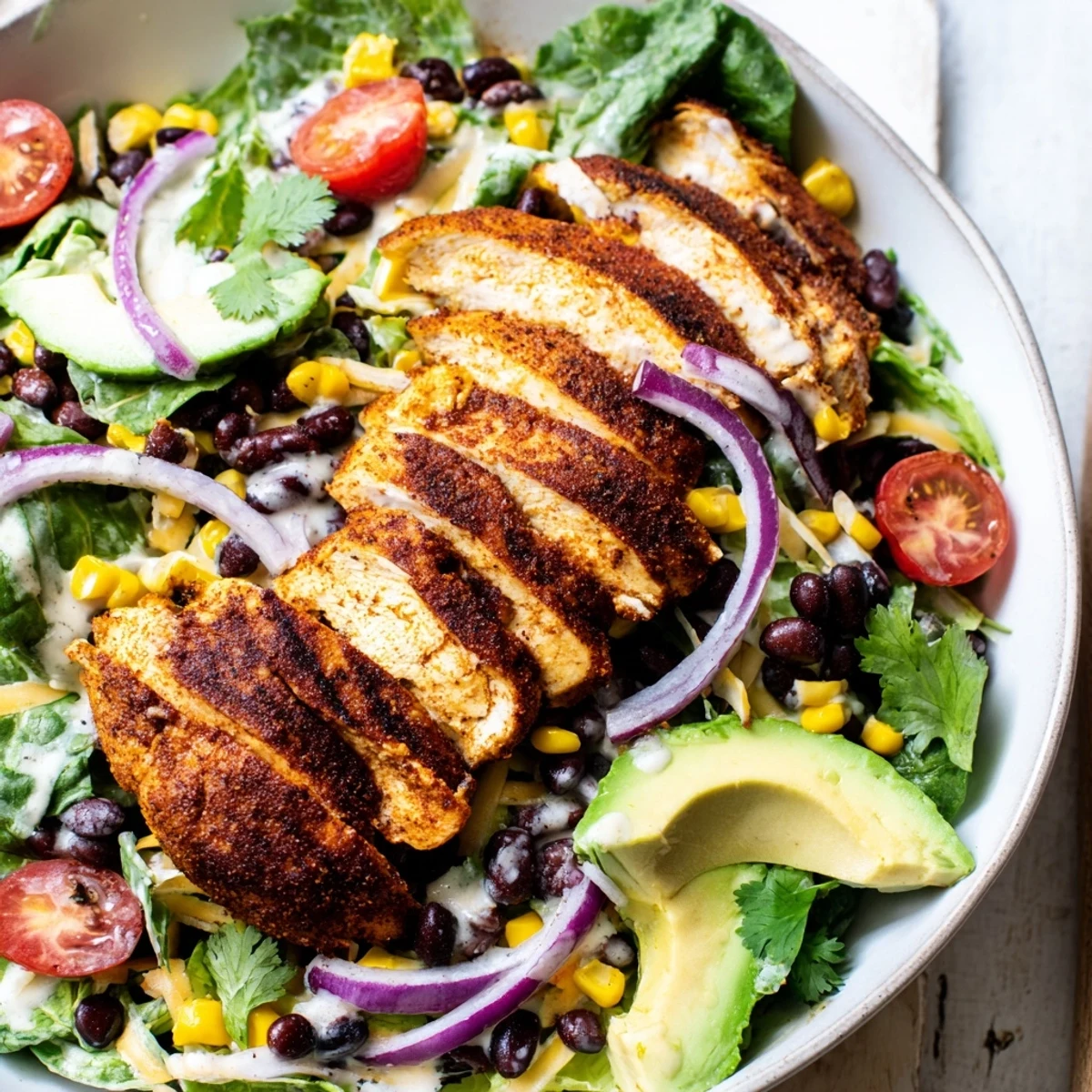 Grilled Southwest Chicken Salad with Chipotle Lime Dressing, served on a bed of crisp mixed greens with diced avocado and cherry tomatoes.