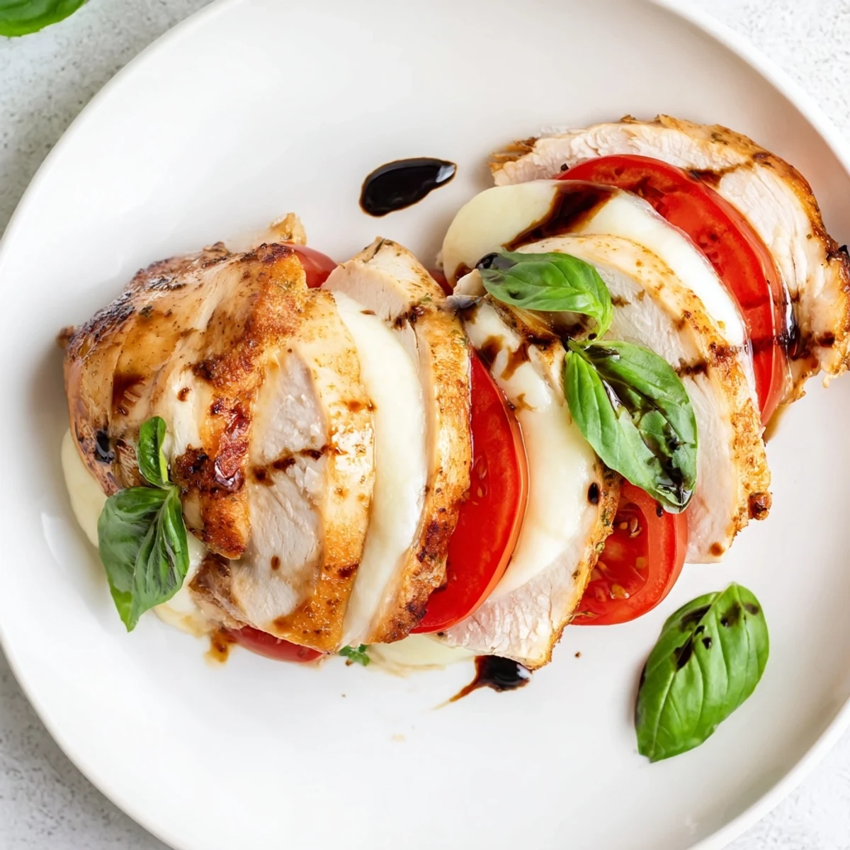Golden-baked Caprese Stuffed Chicken Breast with melted mozzarella and tomatoes, drizzled with balsamic glaze.