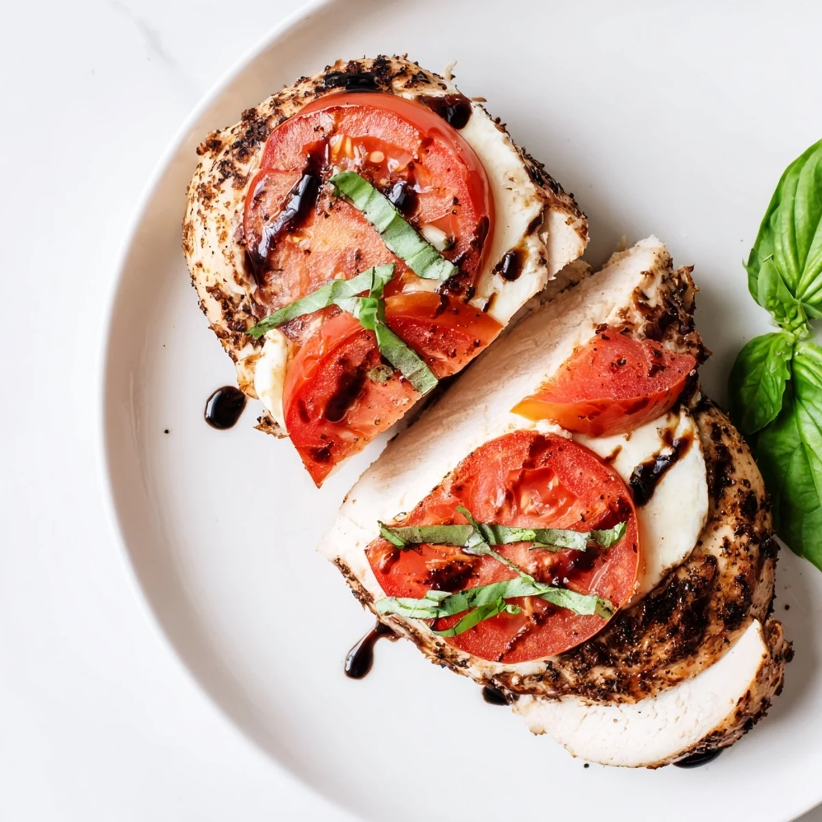 Juicy Caprese Stuffed Chicken Breast fresh from the oven, revealing a cheesy tomato and basil filling.