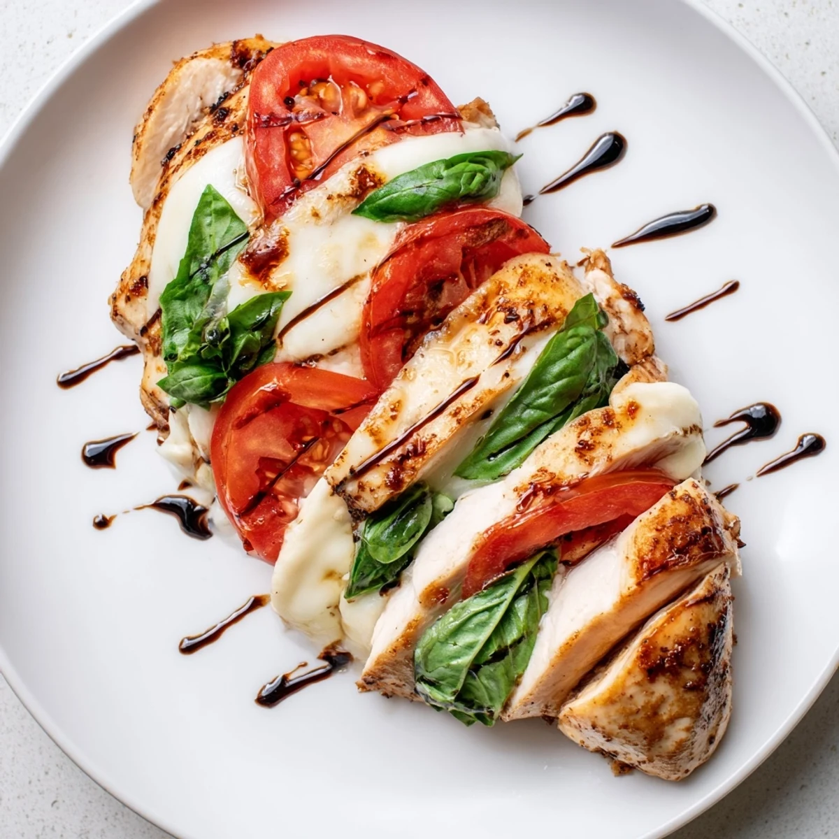 Sliced Caprese Stuffed Chicken Breast on a plate with salad, showing melted mozzarella and balsamic drizzle.