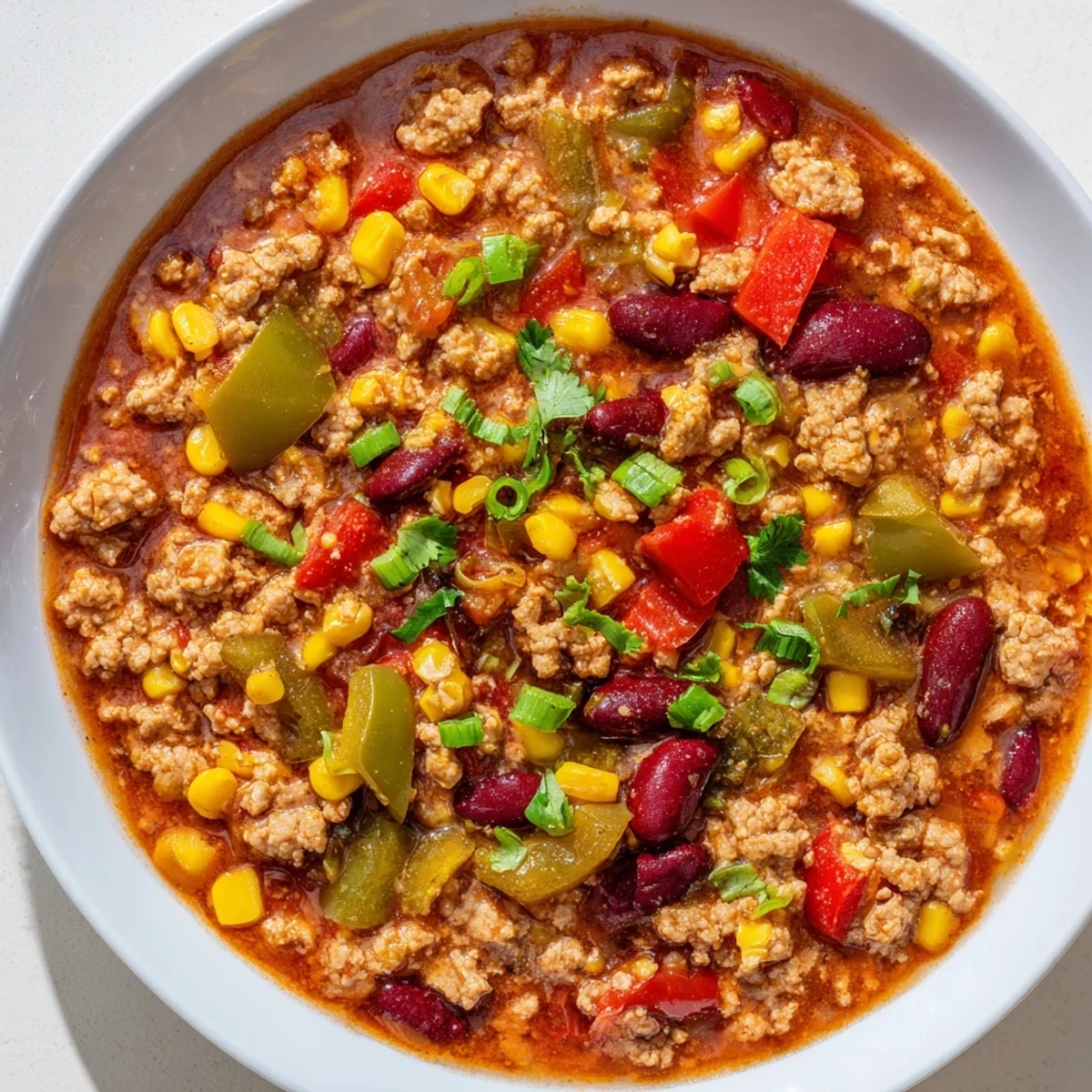 A steaming bowl of Turkey Chili with Kidney Beans, Corn, and Peppers topped with cilantro and cheese.