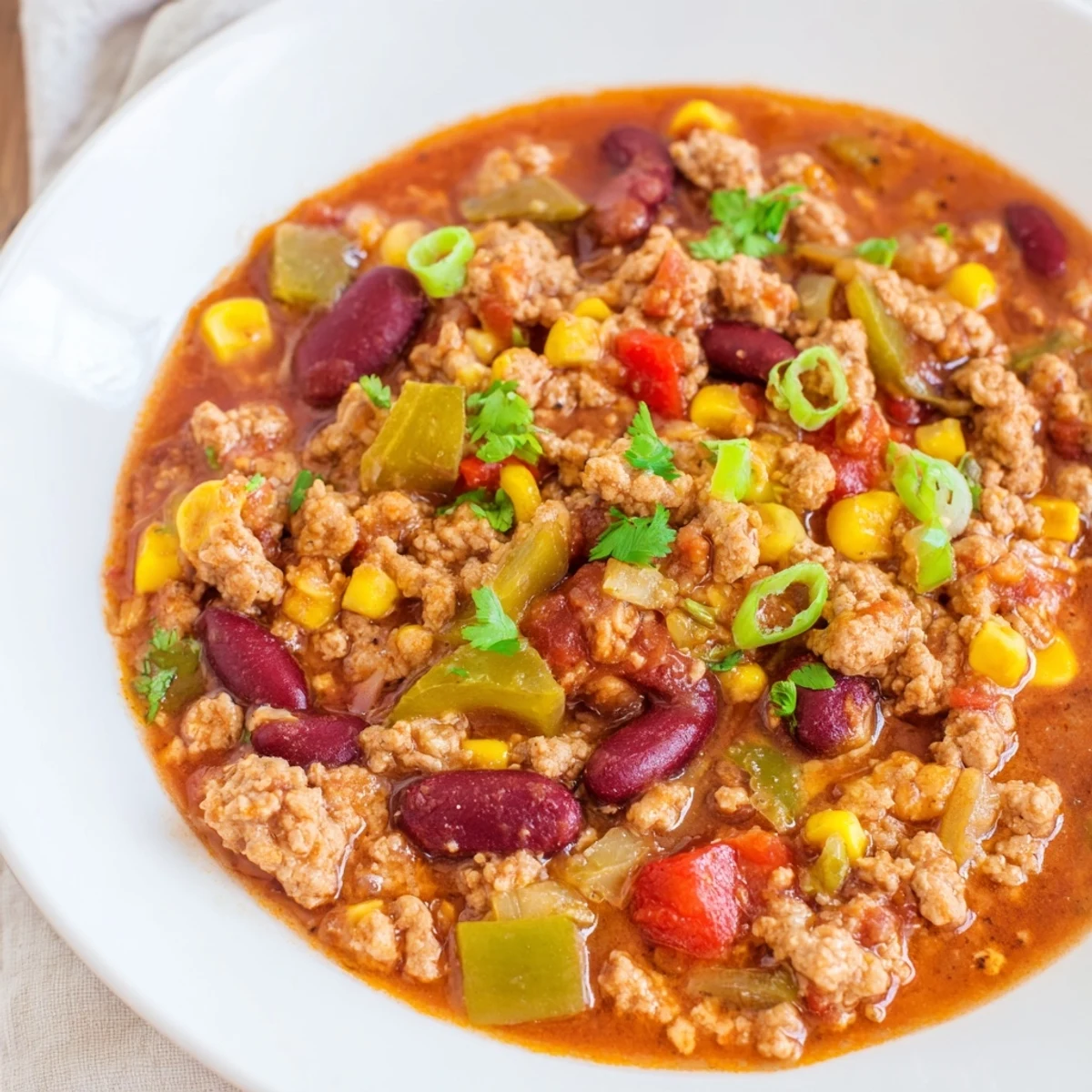 Spoon lifting a hearty portion of Turkey Chili with Kidney Beans, Corn, and Peppers, showcasing tender beans and corn.