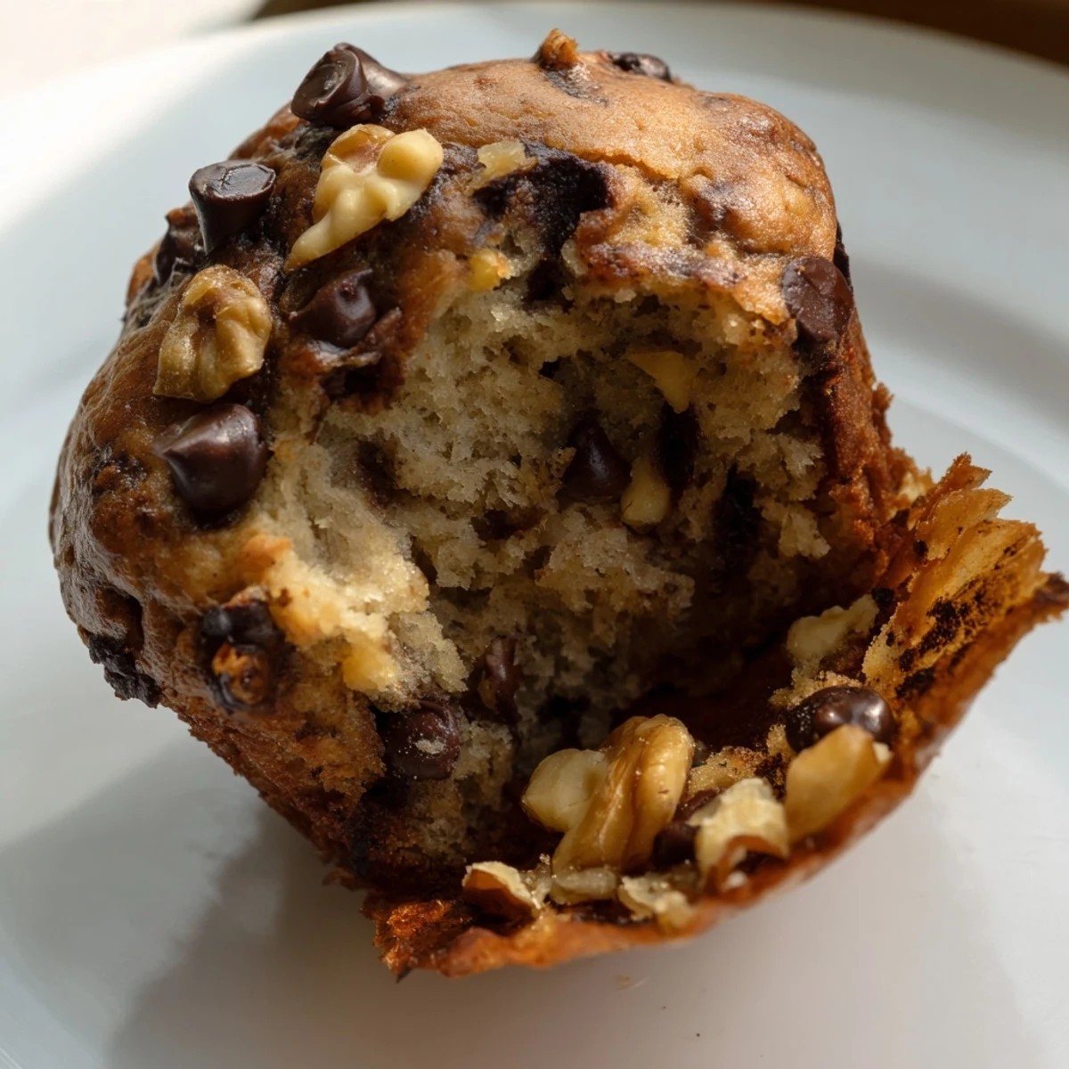 Moist Chocolate Chip Banana Bread Muffins with Walnuts stacked on a cooling rack, ready for breakfast.