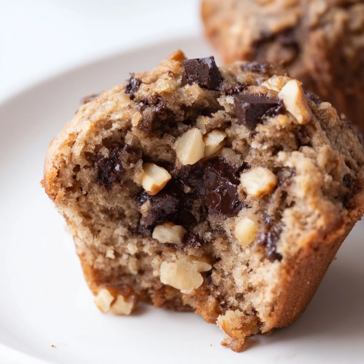 Freshly baked Chocolate Chip Banana Bread Muffins with Walnuts on a white plate, perfect for snacking.