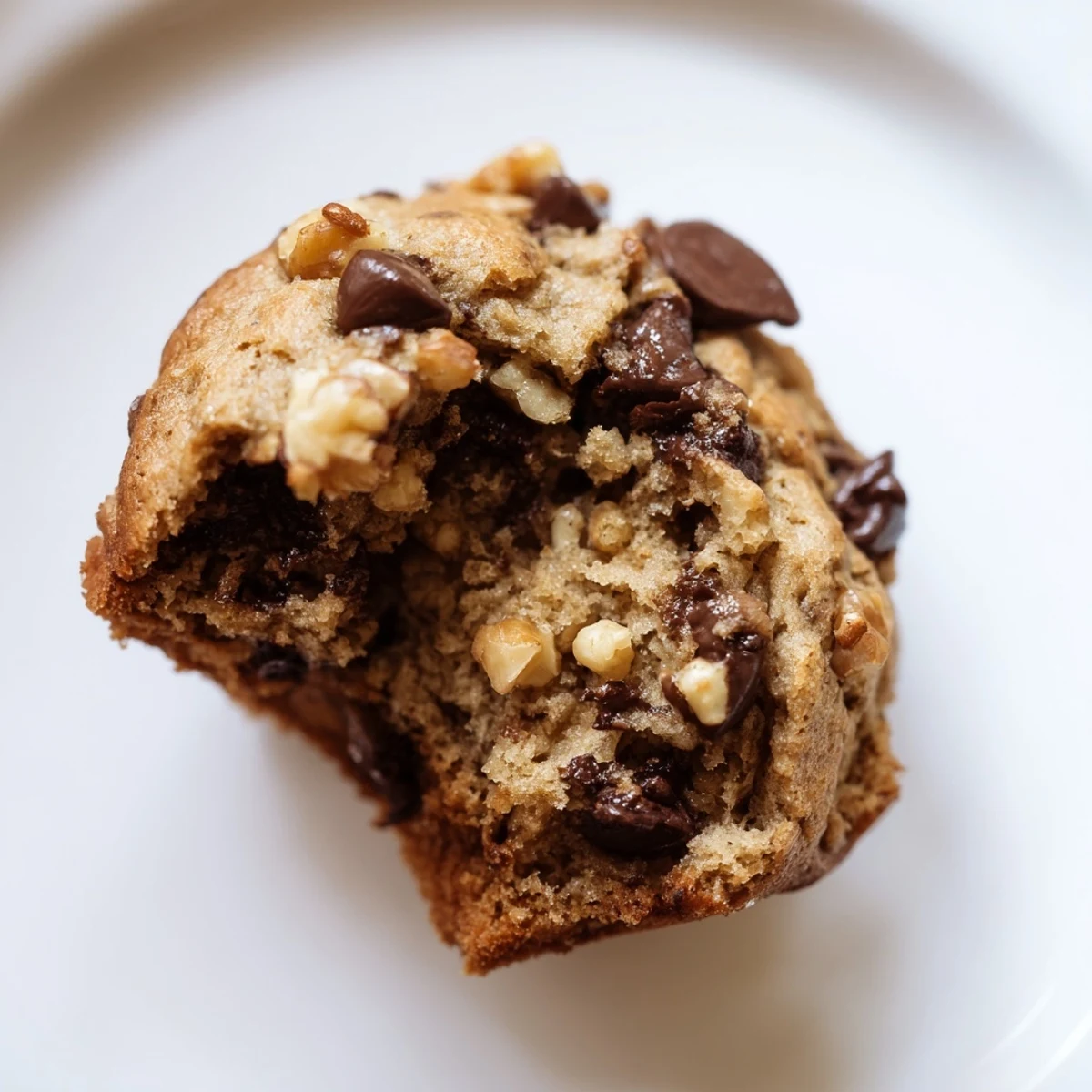 Warm Chocolate Chip Banana Bread Muffins with Walnuts, showing melty chocolate chips and golden crumb tops.