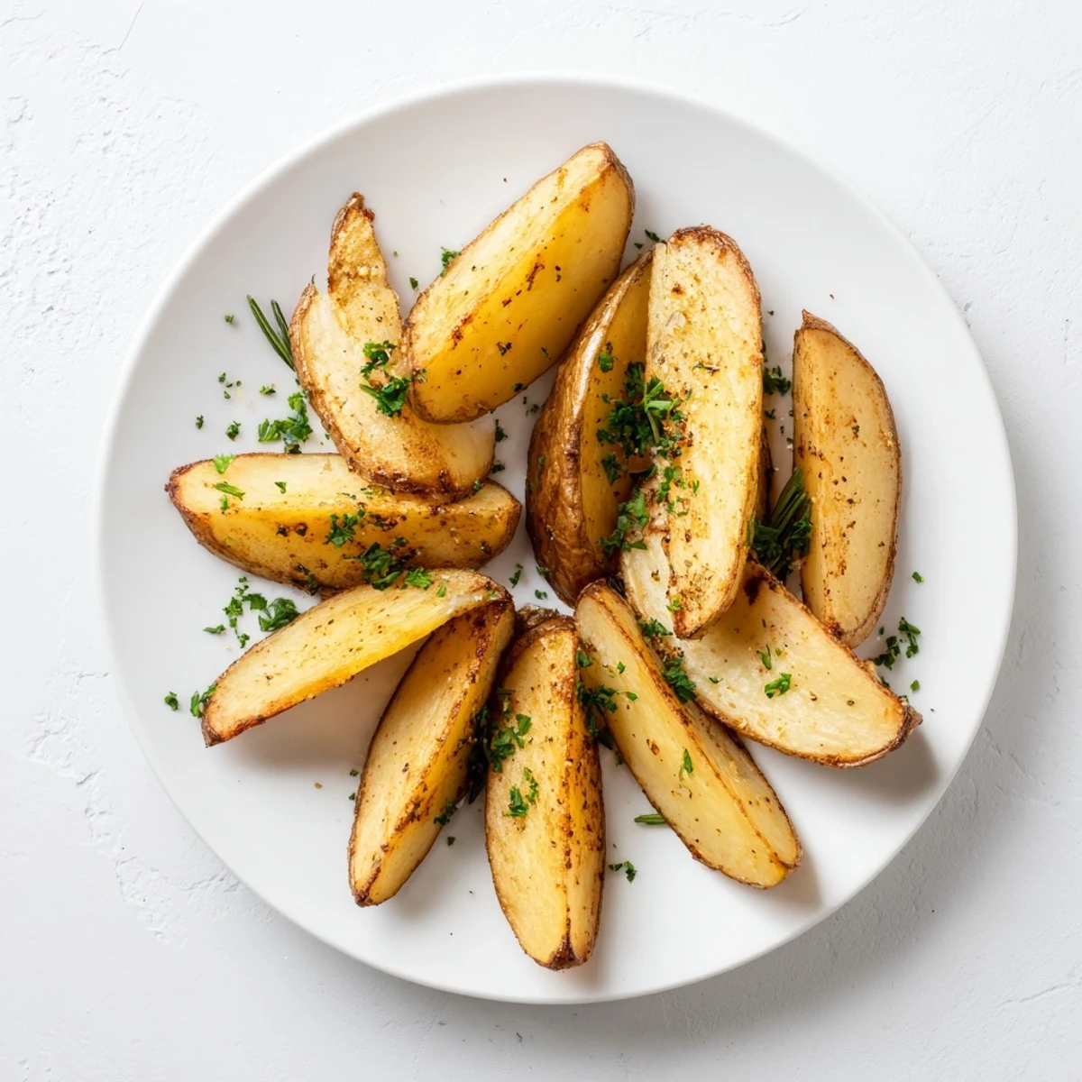 Crispy potato wedges baked to golden perfection, flecked with fresh herbs on a rustic serving platter.