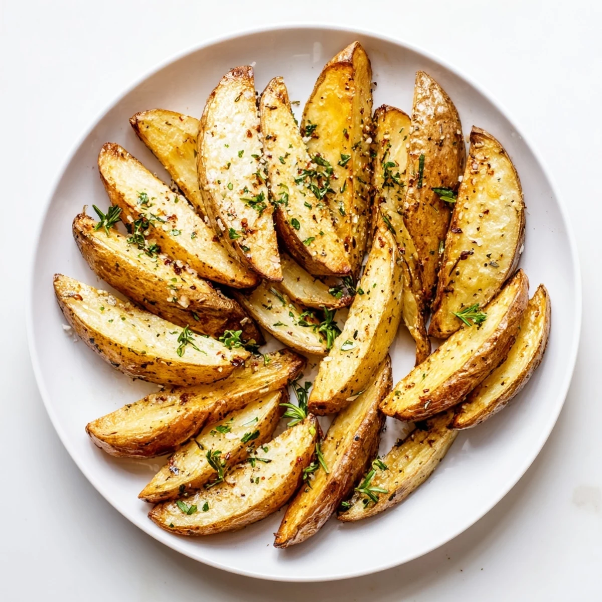 Golden brown potato wedges seasoned with herbs, served hot with ketchup for dipping.